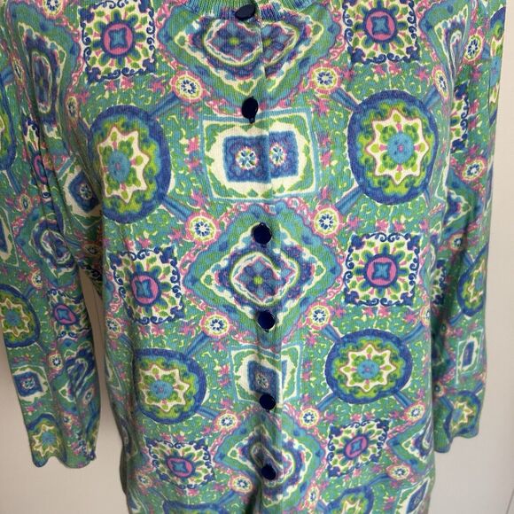 Talbots Women’s Colorful geo print 3/4 sleeve button up Cardigan Sweater Sz L - Picture 3 of 7